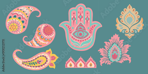A set of 7 vector Indian ethnic decorative elements. Hamsa hand, pink paisley ornament, lotus flowers. Diwali festival motifs stickers for postcard design and pattern.