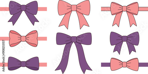 Collection of purple and pink bowties on elastic bands for clothing and accessories
