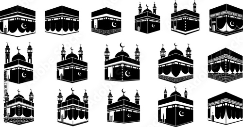 Black Kaaba Silhouette Vector Illustration Set for Hajj and Umrah Pilgrimage Islamic Holy Mecca Landmark Symbols Isolated on White Background
