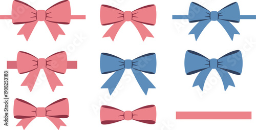 Collection of pink and blue satin hair bows on white background