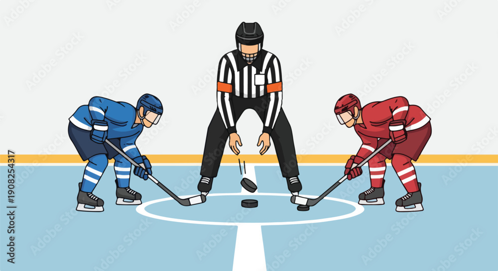 Fototapeta premium Ice hockey game face-off with referee between two players in blue and red uniforms on the rink