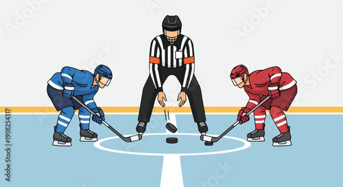 Ice hockey game face-off with referee between two players in blue and red uniforms on the rink