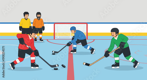 Ice hockey players in action on the rink, competing for the puck near the net, with officials watching.