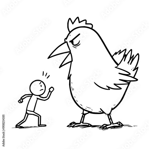 Angry Man Running Away from Large Chicken