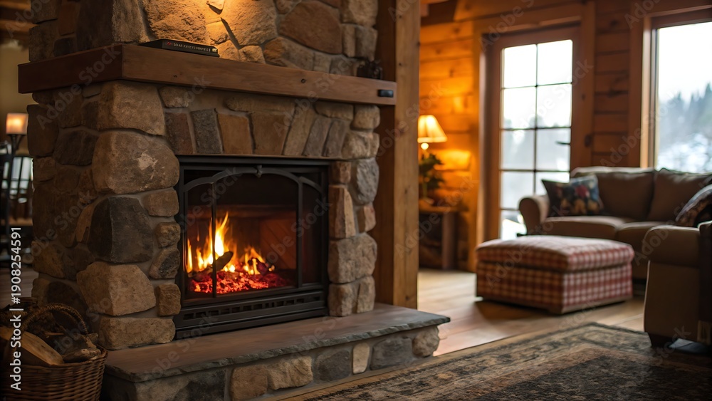 Fototapeta premium Roaring Fire in Rustic Stone Fireplace of a Cozy Cabin Interior