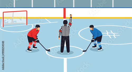 Ice hockey game with referee signaling a face-off between two players on the rink, sports illustration