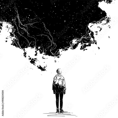 Man Looking Up at Starry Night Sky with Black Cloud