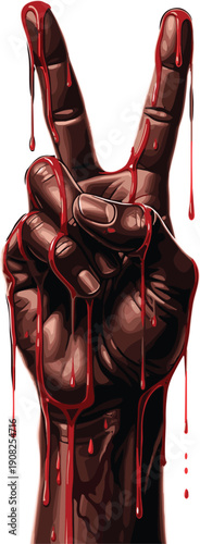 Bloody hand showing peace sign with dripping blood horror illustration isolated on white background for halloween and dark art design
