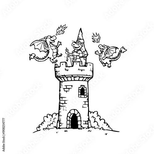 Knight Defending Castle from Two Flying Dragons