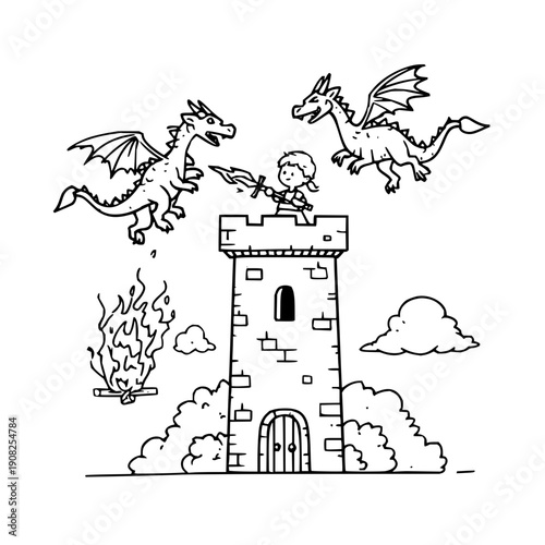 Knight Defending Castle from Two Dragons with Fire
