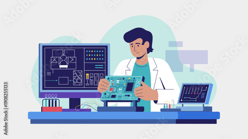 Scientist conducting laboratory experiment using electronic testing equipment, analyzing samples and data at laboratory workstation. Concept of scientific research, laboratory analysis and technology