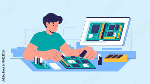 Electronics technician assembling circuit board with components at workstation, Concept of electronics production, engineering and technology