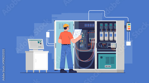 Industrial technician inspecting electrical control cabinet with cables and panels, power distribution and control systems, Concept of electrical maintenance, industrial automation and safety