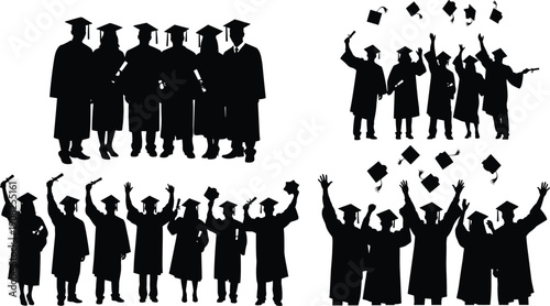 Graduation celebration silhouettes of students throwing caps