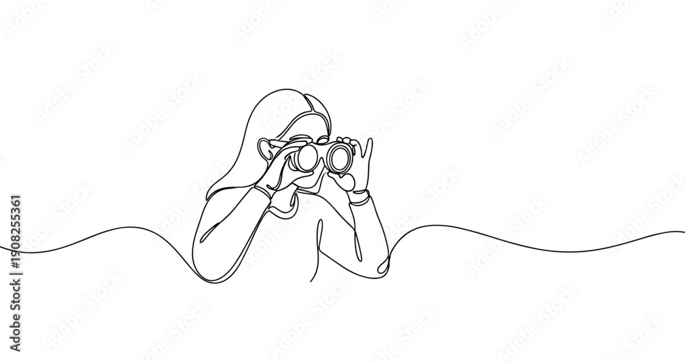 Obraz premium Continuous line drawing of female photographer observing with binoculars. No editable stroke