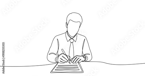 Line art of caucasian male adult in tie writing on document at desk. No editable stroke