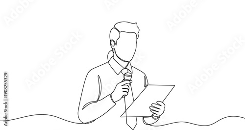 Outline of young caucasian male holding microphone and document. No editable stroke