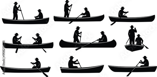 Canoe Silhouette Set Featuring Men Paddling and Fishing in Boat Isolated on White Background for Outdoor Adventure Design