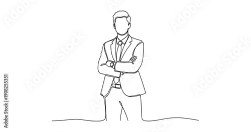 Outline of caucasian male adult in business suit with arms crossed. No editable stroke