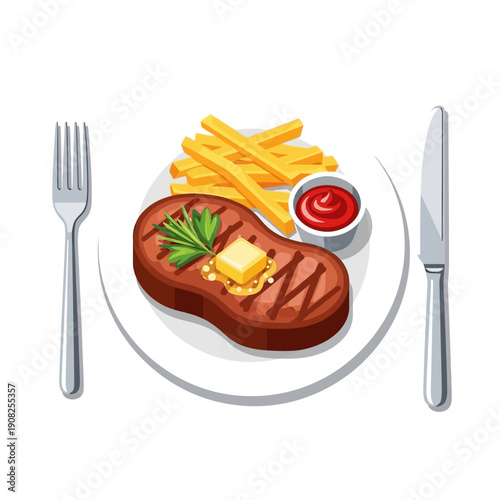 Juicy Steak Dinner with French Fries and Ketchup