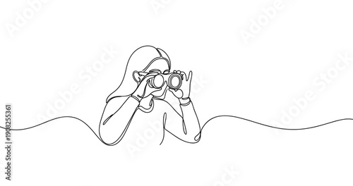 Continuous line drawing of female photographer observing with binoculars. No editable stroke