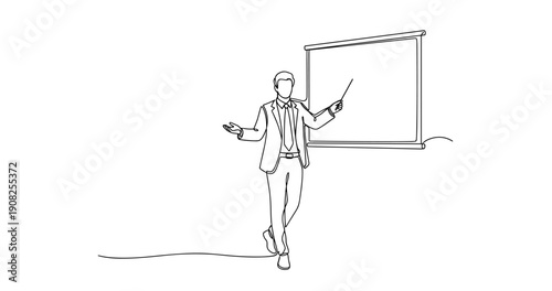 Male presenter giving lecture with projector screen outline sketch. No editable stroke