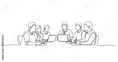 Team meeting with laptops: line art of diverse group collaboration. No editable stroke