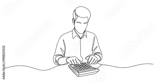 Line art of male accountant using calculator in office. No editable stroke