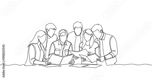 Group of young adults collaborating on project. No editable stroke