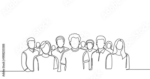 Diverse group of people standing together in line art illustration. No editable stroke
