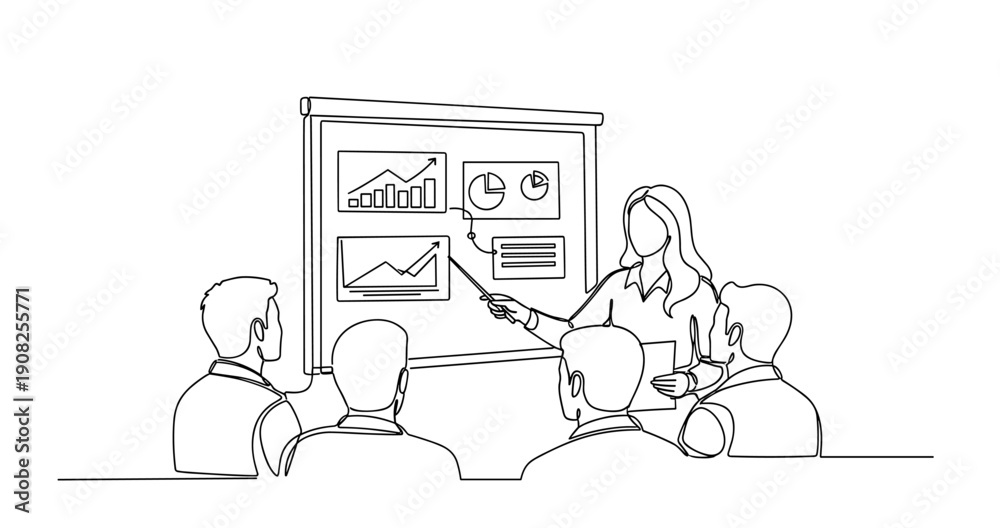 Obraz premium Line drawing of a female presenter showing graphs to a group of male colleagues in a meeting. No editable stroke