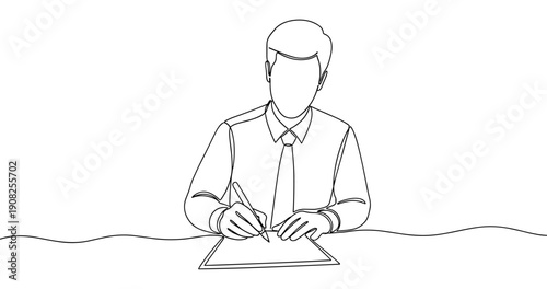 Line drawing of male adult writing at desk in formal attire. No editable stroke