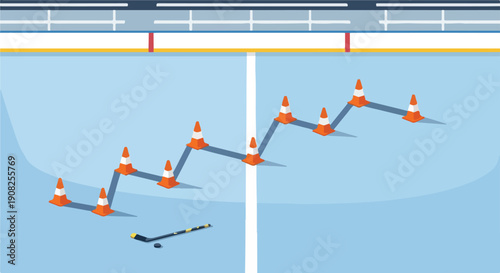 Dynamic ice hockey training setup on a blue rink, featuring a zigzag pattern of orange cones and a hockey stick for skill development drills.