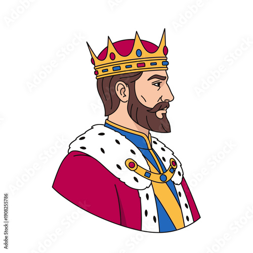 Cartoon King Wearing Crown and Royal Robes - Profile View