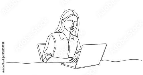 Young caucasian female professional working on laptop in minimalist line art. No editable stroke