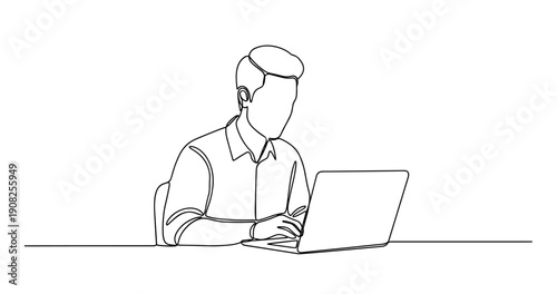Outline of young caucasian male using laptop at desk. No editable stroke