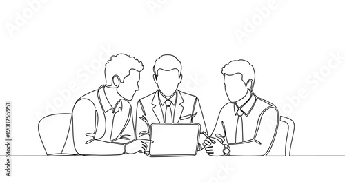 Line drawing of three men collaborating with laptop at conference table. No editable stroke