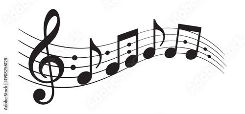 Black music notes and clef on white background creating elegant musical score isolated vector design element