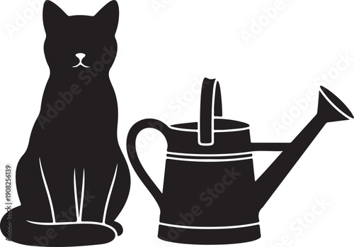 Black cat sitting next to watering can silhouette. Gardening vector illustration.