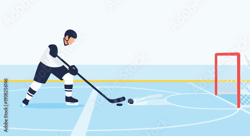 Ice hockey player shooting puck on an ice rink, aiming for the goal. Male athlete in uniform playing intense winter sport. Dynamic flat vector illustration.