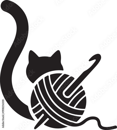 Black cat with yarn ball and crochet hook silhouette. Knitting logo icon.