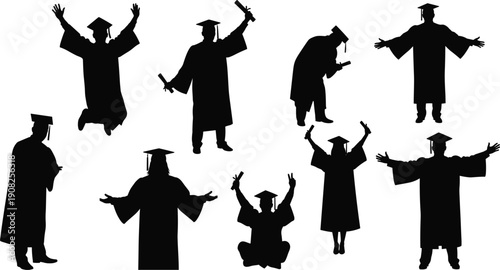 Graduate Silhouette Set Featuring Students in Cap and Gown Holding Diplomas Isolated on White Background for Education Celebration Design
