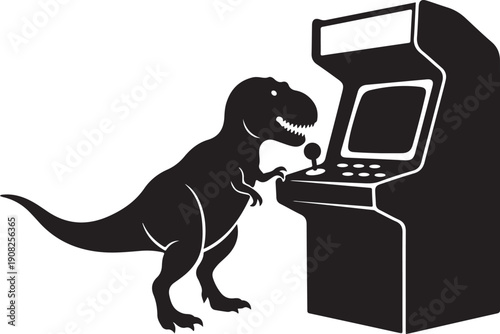 Funny T-Rex Dinosaur Silhouette Playing Retro Arcade Cabinet Game Machine Vector Design