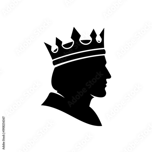 Silhouette of a king wearing a crown, profile view, black and white