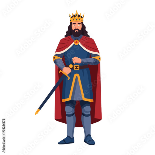 Royal King Character Holding Sword, Wearing Crown and Red Cape
