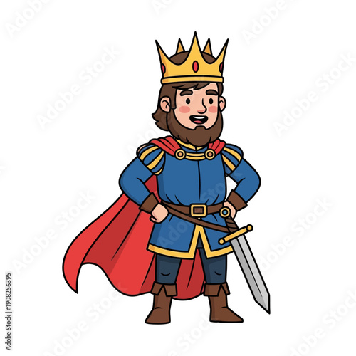 Cartoon King Character with Crown, Cape, and Sword