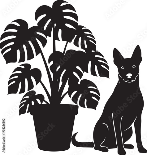 Monstera Houseplant in Pot with Dog Silhouette Vector Graphic for Home Decor and Pet Lovers