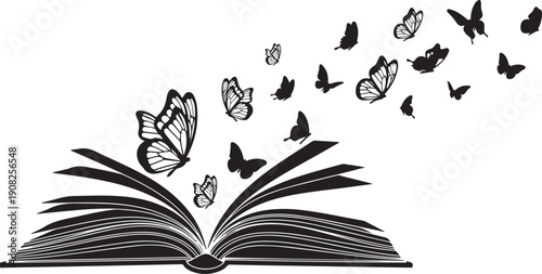 Open Book with Flying Butterflies Silhouette Vector Design for Creativity and Imagination