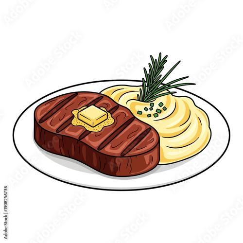 Grilled Steak with Mashed Potatoes and Butter on White Plate - Illustration