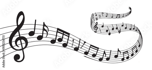 Musical notes and treble clef flowing in wavy lines on white background, seamless music pattern